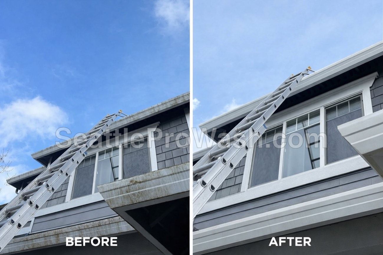 Gutter brightening before and after - dark streaks removed from exterior gutters