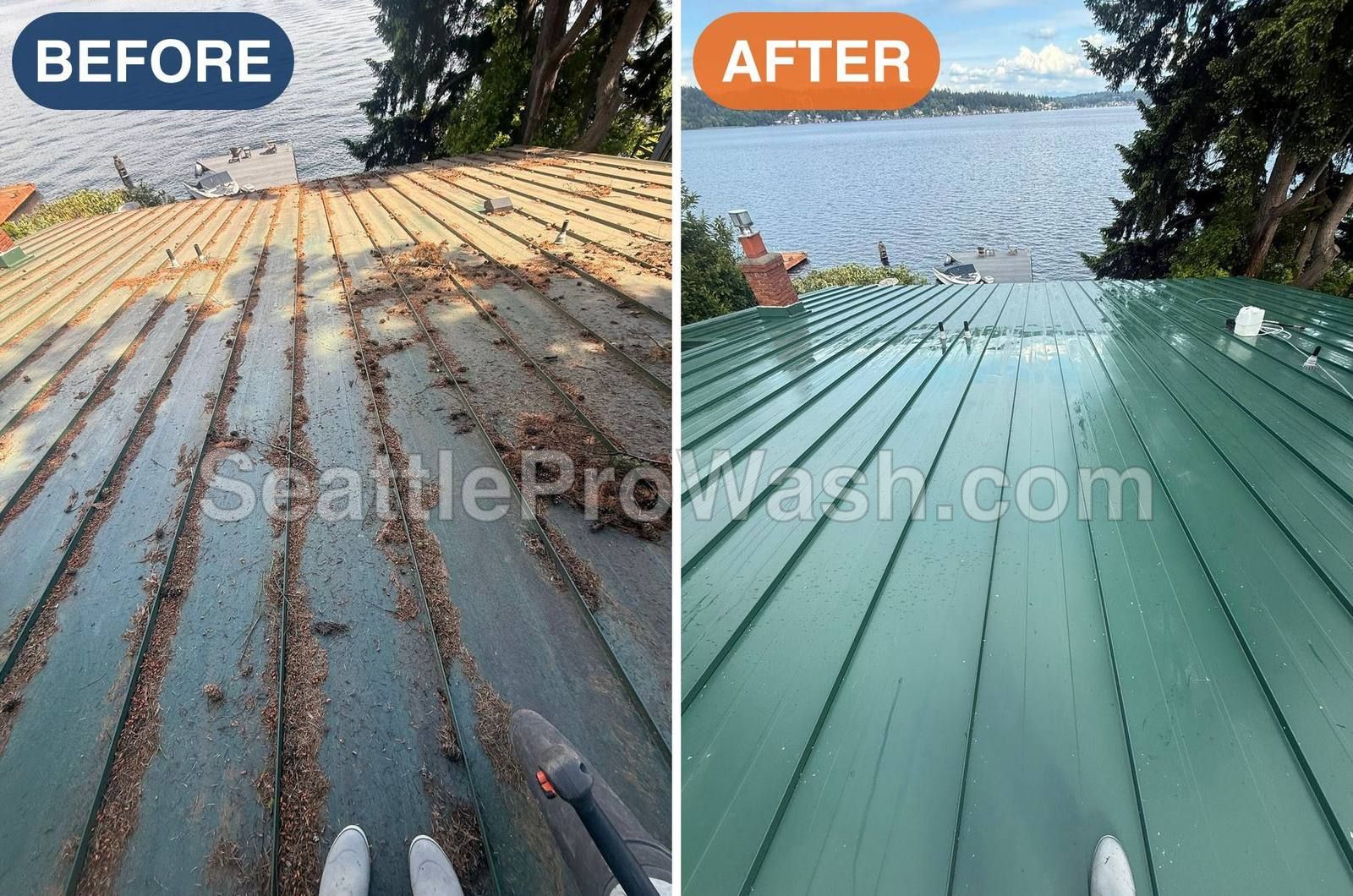 Lakefront metal roof before and after cleaning - debris-buried to gleaming green