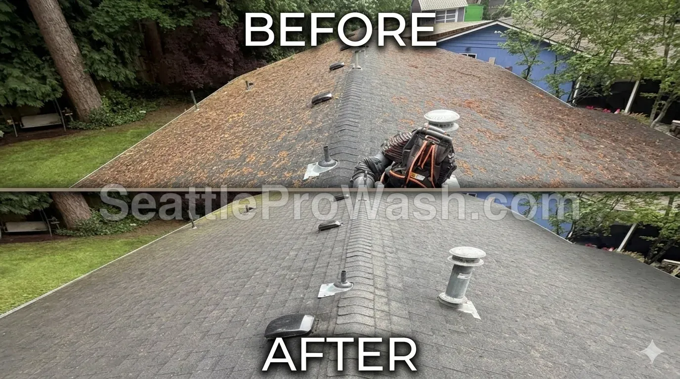 Asphalt roof moss removal before and after by Seattle ProWash