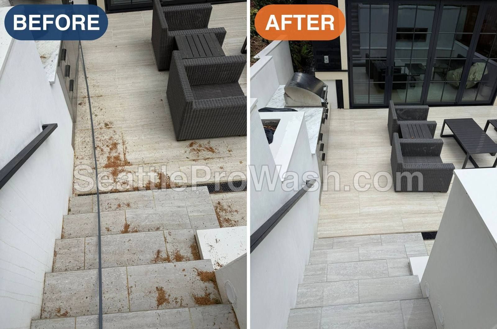 Rooftop deck tiles stained with rust and debris before and after pressure washing